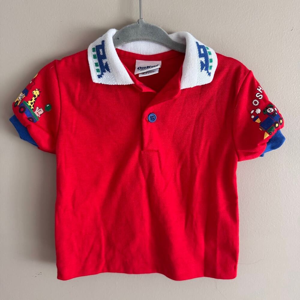 Vintage OshKosh Red Train Zoo Animal Print Polo Shirt Unisex 6-9 Month Baby